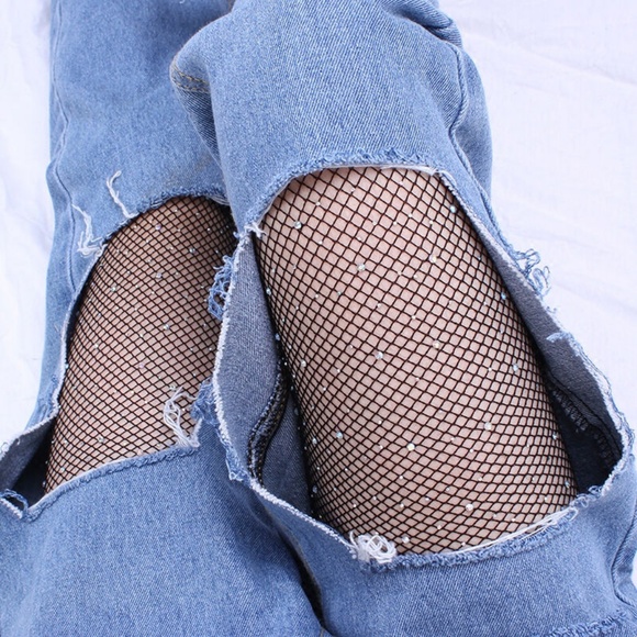 Crystal Rhinestone Black Fishnet Pantyhose Tights - Picture 3 of 8